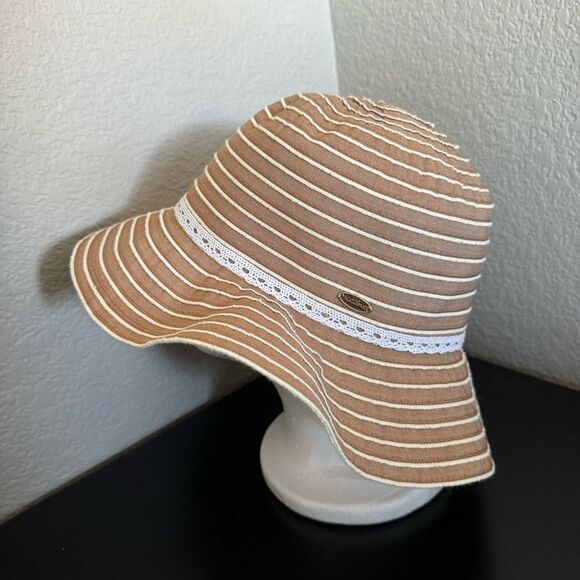 Kallina Brown White Embellished Striped Round Sun Hat - Picture 3 of 8